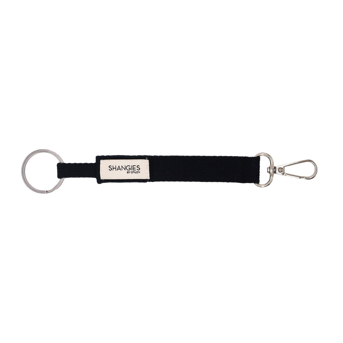 Shangies keychain in Black with a woven strap, metal key ring and snap hook on a white background