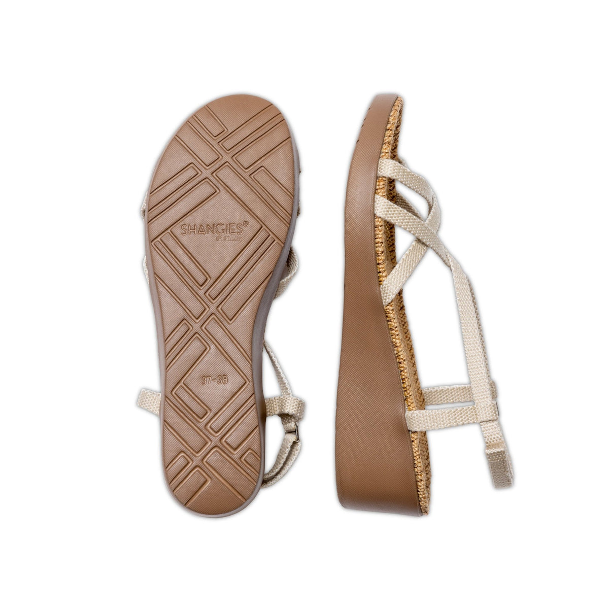
                  
                    Sole and side views of Shangies Women#3 wedge sandals in Jazzy Cloud on a white background⠋
                  
                